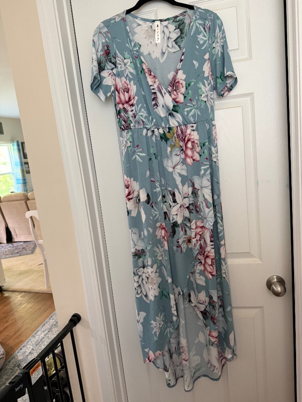 Vanilla Bay Blue Floral Wrap Dress with Pink & White Flowers & High/Low Hem S L